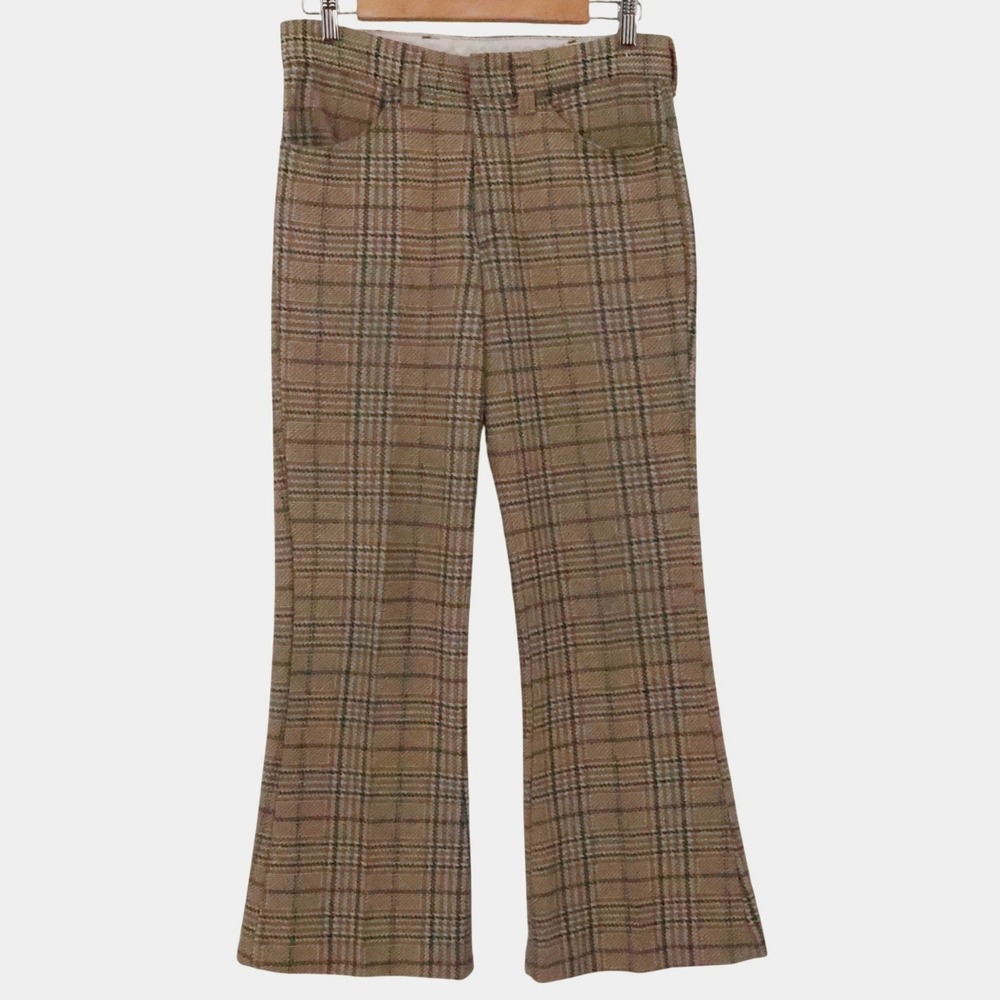 Vintage 70s Plaid Flare Pants Womens Size 31 Tan Brown Double Knit Academia